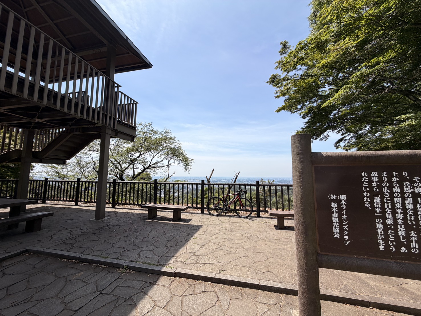 太平山の展望スペースに停めたAethos2と関東平野の眺め