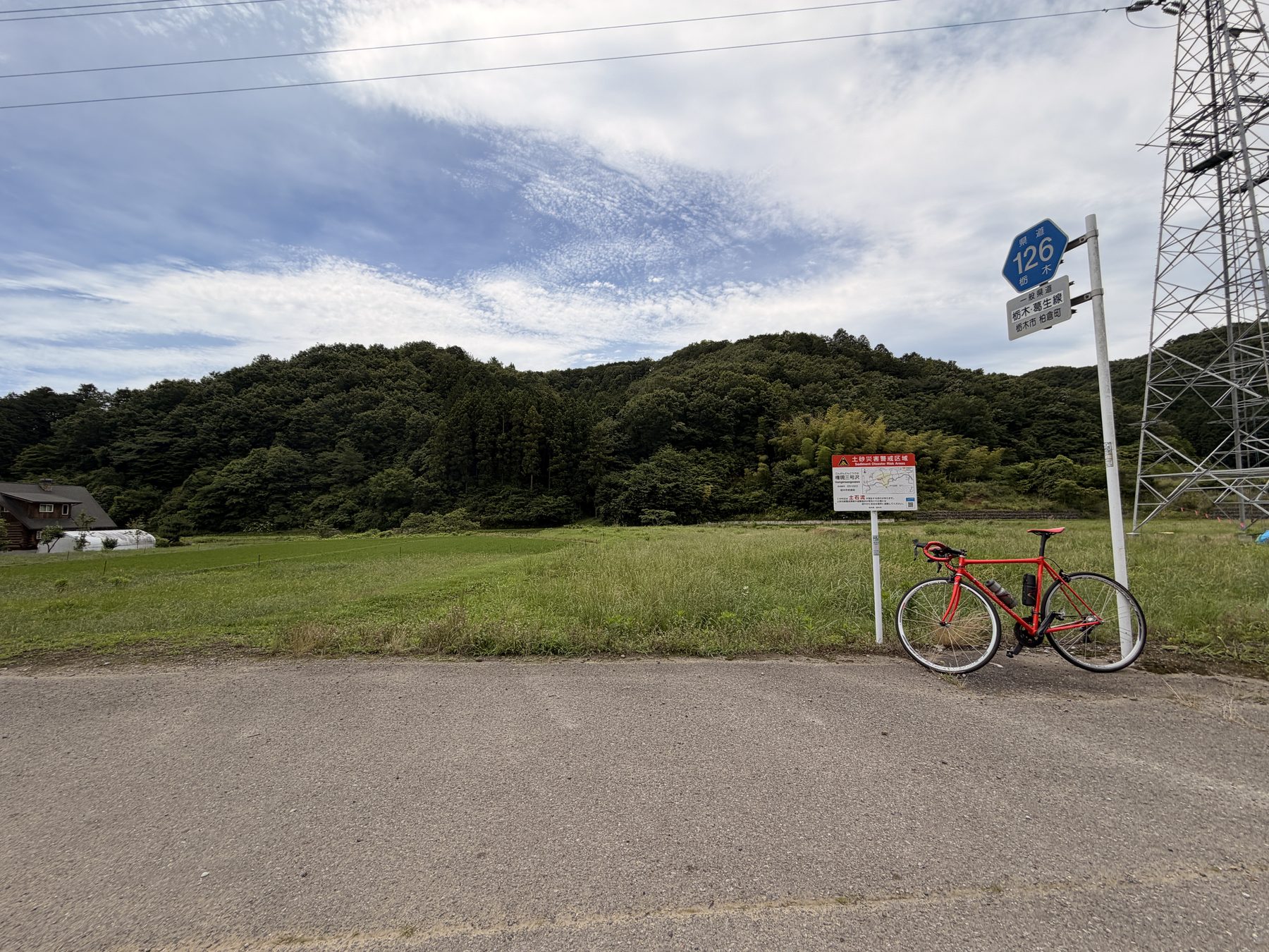 県道126号の看板と山を背景に停めた赤いRNC7