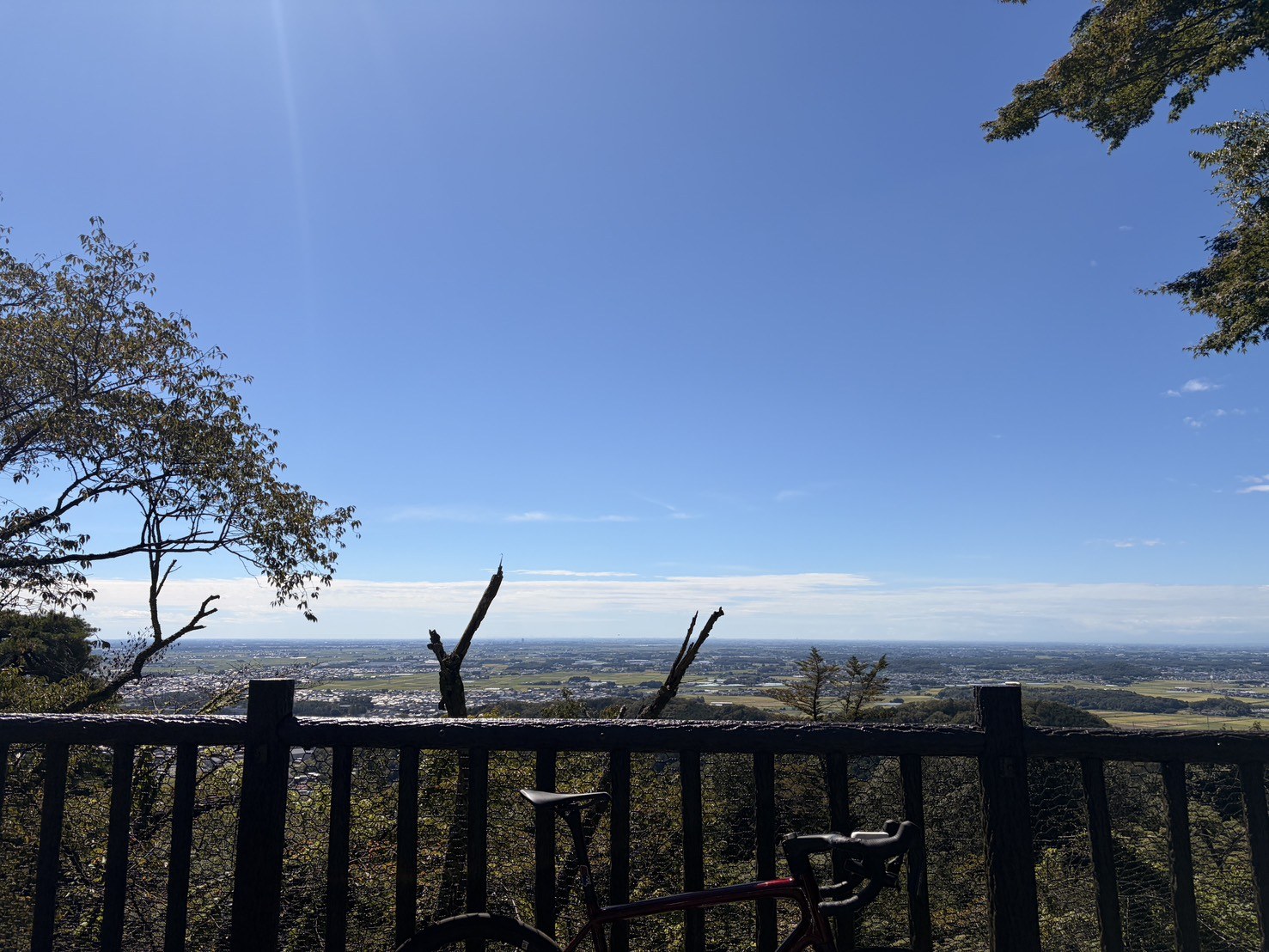 展望台の柵の向こうに広がる青空と、遠くまで見渡せる平野。柵の手前に赤いロードバイク